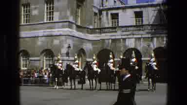 England (1969): British Guards On Horses Surround Palace In England While Guard