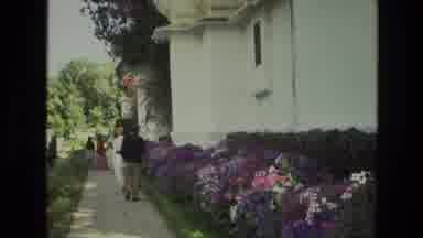 India (1974): Someone Picks A Flower From A Garden Outside Of A Large Building