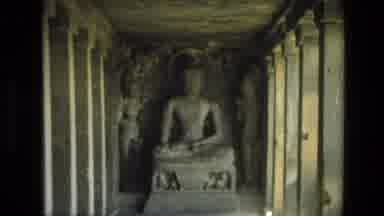 India (1974): Carved Stone Statue Pillars Building Mountainside Carvings Roadway