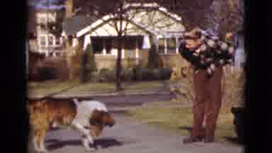Alaska (1946): A Boy Playing With Two Dogs On A Pathway In The Background Of