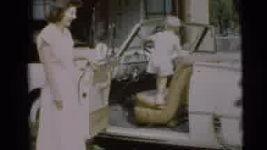 Pennington New Jersey (1954): Toddler Standing In Old Car Pretends To Drive With