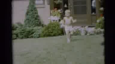 Pennington New Jersey (1954): Little Boy Excitedly Runs Outside To Play With Toys