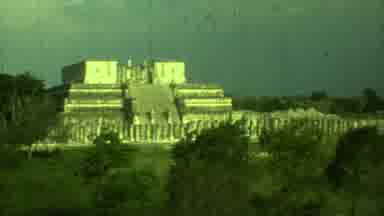 Yucatan Mexico (1973): Pans Over Temple Looking Structure With Cylinders Nearby
