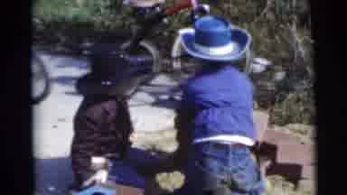 Miami Florida (1956): Five Small Children Stacking Red Bricks, Wearing Various