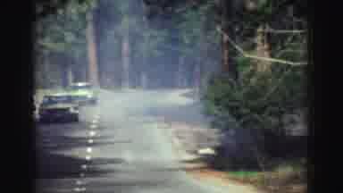 Lake Tahoe California (1969): Road With Big Trees, One Car Parked And Two Cars