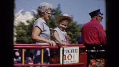 Disneyland California (1959): Elderly Lady And Small Boy Wearing Cowboy Hat Ride