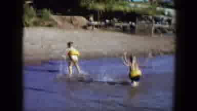 Disneyland California (1959): Two Kids Buoys Past Playing Lake Water Sand