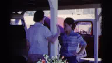 Cottonwood Arizona (1968): Two People Talking Smiling Outdoors Sunny Front Porch