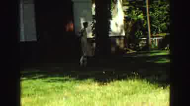 Vancouver Bc Canada (1968): Small Dog Runs Around Yard On A Sunny Day While Woman