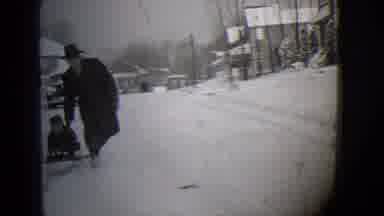 Buffalo New York (1944): Man Pushing A Little Boy On A Sleigh Style Wooden Sled