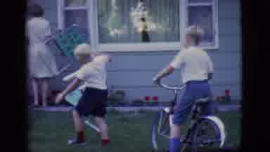 Des Moines Iowa (1966): Little Boys And Puppy Play With His Bike And Enjoy The Day