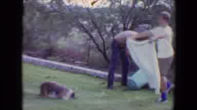 Flagstaff Arizona-1961: Man And Boy Cleaning Dog In Backyard