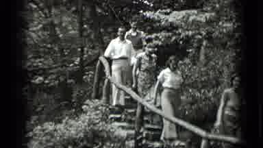 Clear Lake California (1939): Group Walking Down Stairs One Man Waves At The
