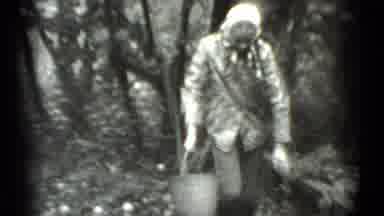MOSCOW RUSSIA-1983: Woman Empties Metal Bucket, Turns, and Walks Away in Woods