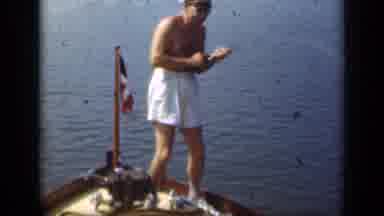 Long Island New York (1948): Shirtless Man On A Boat Playfully Fishing On The Lake