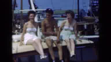 Long Island New York (1948): Two Brunette Women And A Man Rocking A Moored
