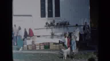 Aledo Texas (1959): People And Dogs Outside A Large White Church By Day