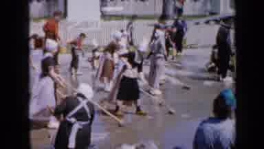 Iowa USA (1959): People With Brooms Sweeping And Cleaning The Wet Concrete That