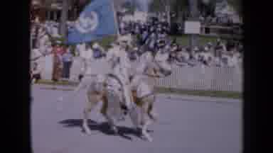 Iowa USA (1959): Horse Shining Marching Street Flag Ride Near People Animal Sunny