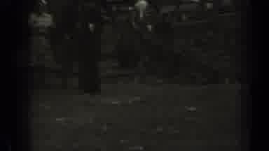 Missouri USA (1961): Woman Wearing White Scarf Rakes Leaves On A Cloudy Day
