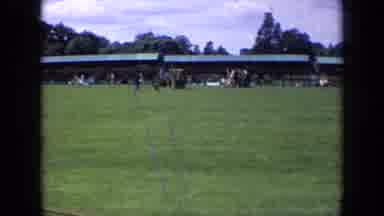England (1963): Dog Running Around With Human In Dog Park Outside Field