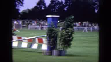 London England (1963): Horse Galloping Jumping Through Obstacles Headed Towards