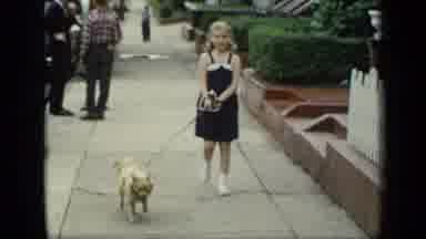 New York (1948): Girl Walking Her Dog Down The Sidewalk Towards The Camera