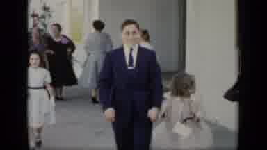 New York (1948): Bar Mitzvah Boy Walks From Synagogue With Little Sister As Mom