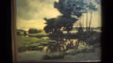 New York (1949): Painting Of Trees And Small Silver Lamp Sitting On Wooden Console