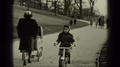 New York (1949): Kid Riding Bike Down Busy Sidewalk Then Dad Riding With Him