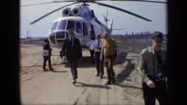 Moscow Russia (1971): Three Men Walk Away From Blue And White Helicopter On A
