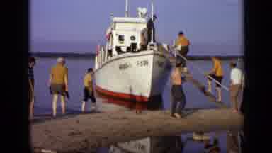 Moscow Russia (1971): Many Men In Matching Shirts Board A Boat Before Taking Off
