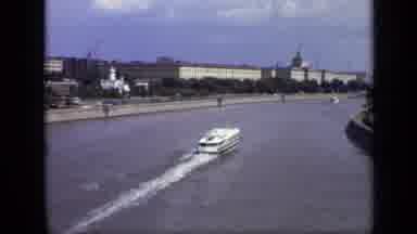 Moscow Russia (1971): Ferry Traveling Waterway In Front Of Large Tree-Lined