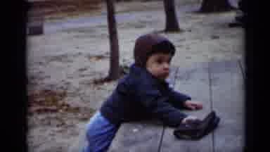 New York (1950): Boy Playing At Neighborhood Park Winter Hat Jacket Wood Bench