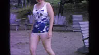 Greenwood Lake New York (1964): Young Woman Modelling Floral Swimsuit Roaming