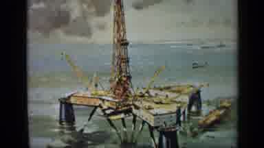 United Kingdom (1970): Drawing Vintage Oil Rig Ocean Sea Boat Still Image Water