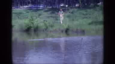 Florida USA (1968): Ducks Floating Down A River And People Walking Nearby