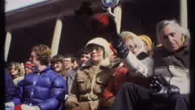 Ithaca New York (1979): Man In Crowd Tips Hat Then Score Is Shown Then Mascot