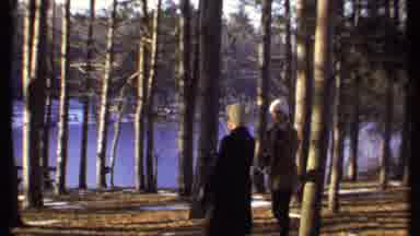 Ithaca New York (1979): Person Wearing Black Coat Points At Trees On A Sunny Day