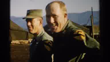 Japan (1952): Two Men Talk Outside Their Army Camp In Mountainous Setting