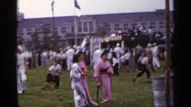 Japan (1953): Large Crowd With 3 Ladies In Kimonos Standing Outside Of Large