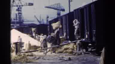 Japan (1953): Men Loading Large Bags Of Feed Into The Side Cars Of A Train