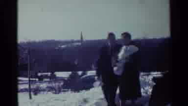 Ohio USA (1959): Couple Walking Newborn Child Young Baby Winter Snowsuit Cold