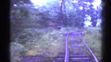 Connecticut USA (1953): Rail Car Going Down The Tracks In The Forest On A Shady