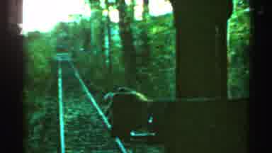 Connecticut USA (1953): Train Runs Down The Tracks As Man St rears It And Points
