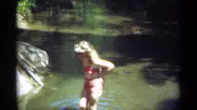 Santa Cruz California (1949): Little Girl Swimming In Pond With Rocks And
