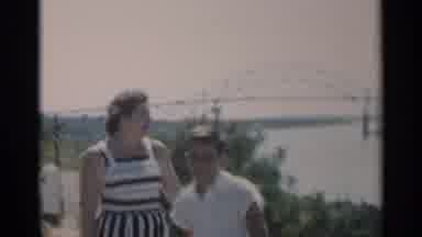 Cape Cod Massachusetts (1956): Woman Boy Taking Picture Bridge Happy Smiling Windy