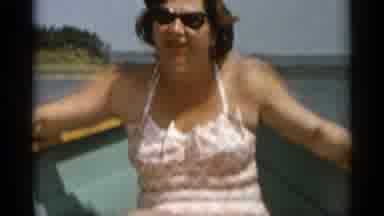 Cape Cod Massachusetts (1956): Lady Swimsuit Boat Water Relaxing Pillow Standing