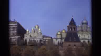 MOSCOW RUSSIA-1965: The Camera Pans Across The City And Captures The Tall Gray