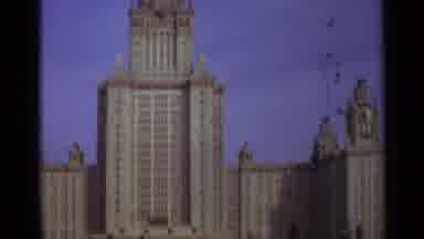 MOSCOW RUSSIA-1966: Moscow State University And Light Blue Bus On A Sunny Day